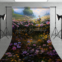 Lofaris Spring Floral Meadow Duck Backdrop Pink Flowers River Magic Sunlight Nature Photography Background for Portrait