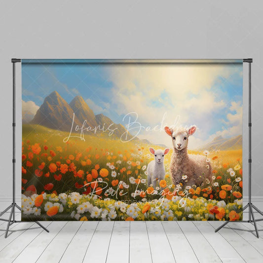 Lofaris Spring Floral Meadow Lambs Backdrop Orange Flowers and Mountain Nature Photography Background for Baby Shower