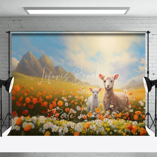 Lofaris Spring Floral Meadow Lambs Backdrop Orange Flowers and Mountain Nature Photography Background for Baby Shower