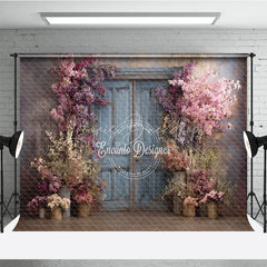 Lofaris Spring Floral Photography Backdrop Blue Rustic Door with Pink Blossoms Fine Art Painterly Photo Background