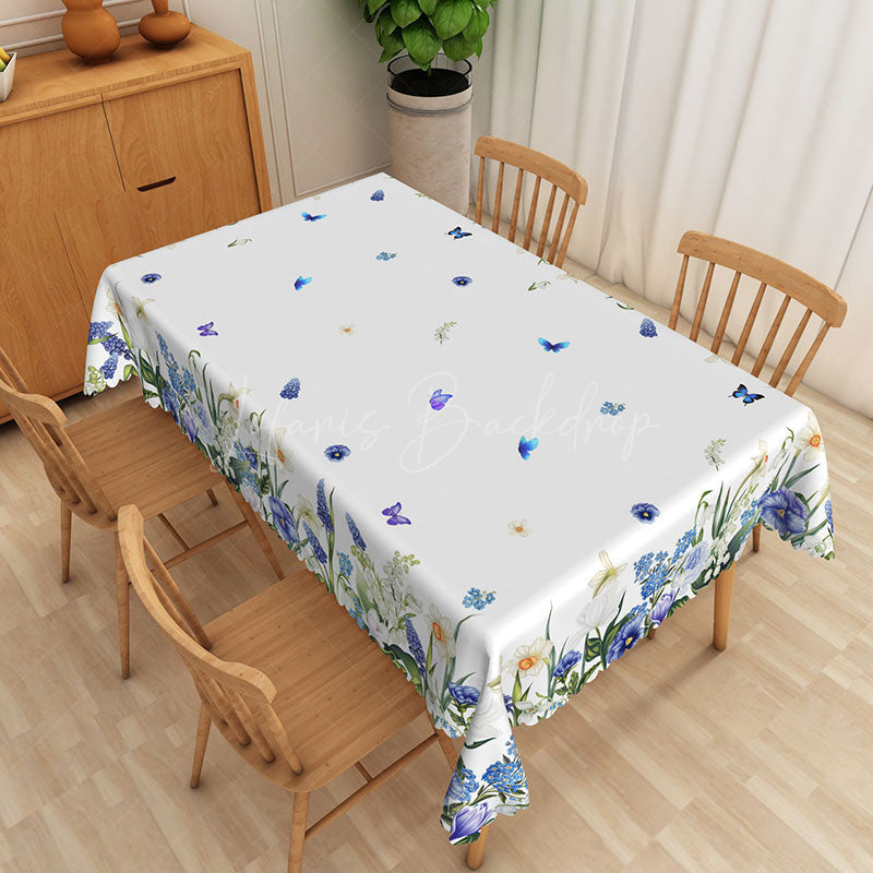 Lofaris Spring Floral Rectangle Tablecloth with Blue Flowers and Purple Butterflies for Enchanted Garden Party