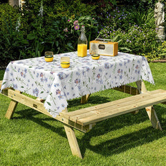 Lofaris Spring Floral Rectangle Tablecloth with Purple Forget-Me-Nots Simple Botanical Print on White Garden Decor