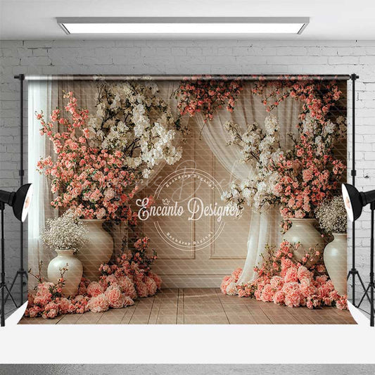 Lofaris Spring Floral Studio Backdrop with Pink and White Flowers in Vases Elegant Wedding or Portrait Photography Prop