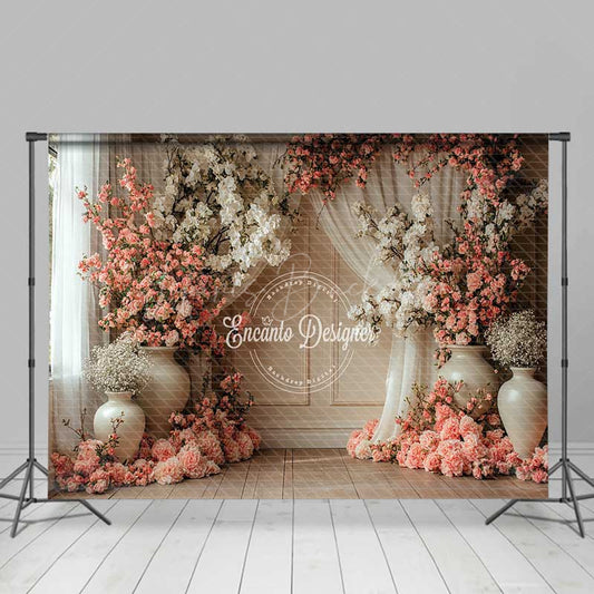 Lofaris Spring Floral Studio Backdrop with Pink and White Flowers in Vases Elegant Wedding or Portrait Photography Prop