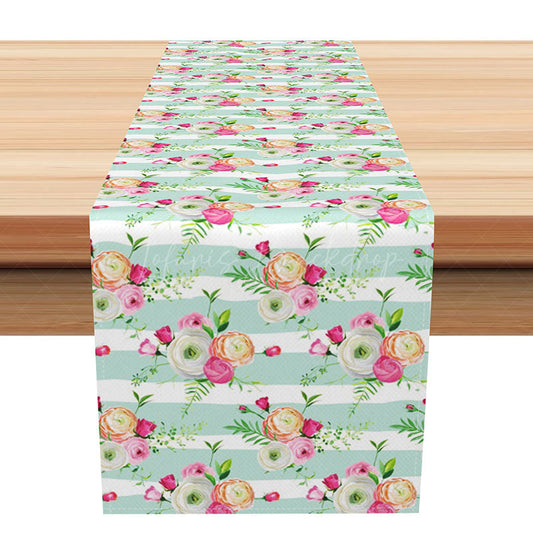 Lofaris Spring Floral Table Runner with Green and White Stripes Sweet Botanical Design Fresh Farmhouse Kitchen Decor