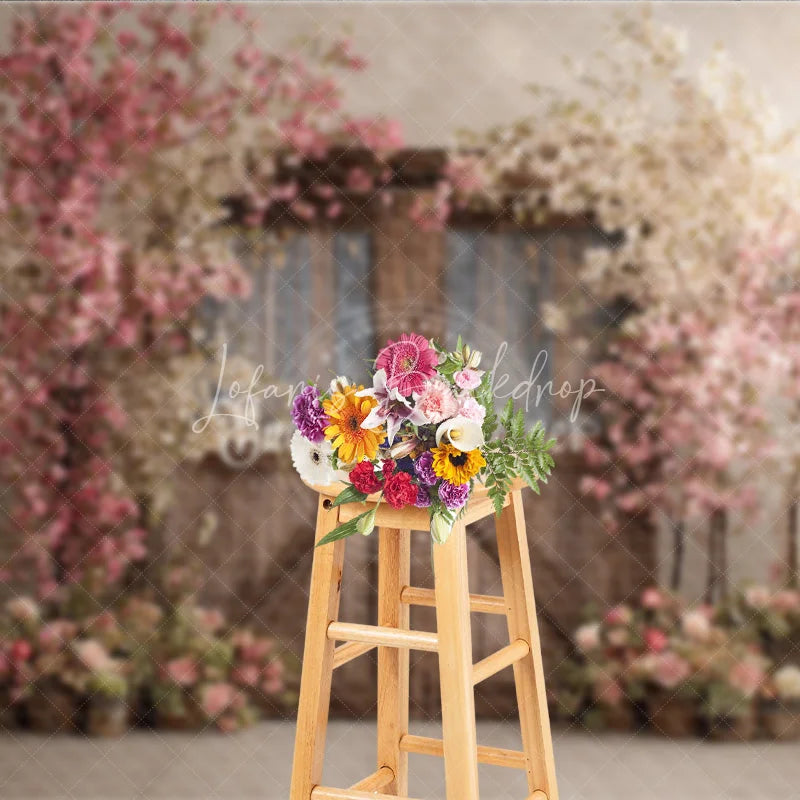 Lofaris Spring Floral Wedding Backdrop Rustic Barn Door with Cherry Blossoms Pink Flower Tree Bridal Shower Photo Props