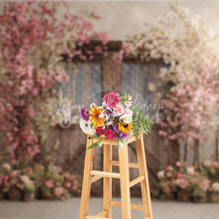 Lofaris Spring Floral Wedding Backdrop Rustic Barn Door with Cherry Blossoms Pink Flower Tree Bridal Shower Photo Props