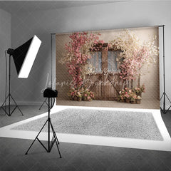 Lofaris Spring Floral Wedding Backdrop Rustic Barn Door with Cherry Blossoms Pink Flower Tree Bridal Shower Photo Props