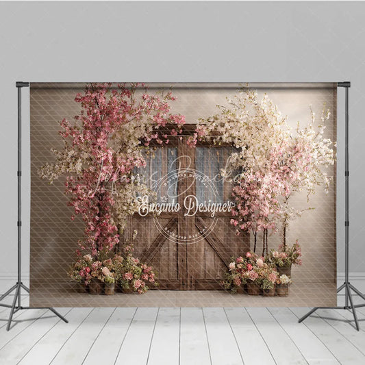 Lofaris Spring Floral Wedding Backdrop Rustic Barn Door with Cherry Blossoms Pink Flower Tree Bridal Shower Photo Props