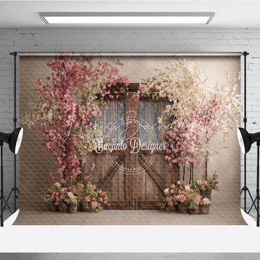 Lofaris Spring Floral Wedding Backdrop Rustic Barn Door with Cherry Blossoms Pink Flower Tree Bridal Shower Photo Props