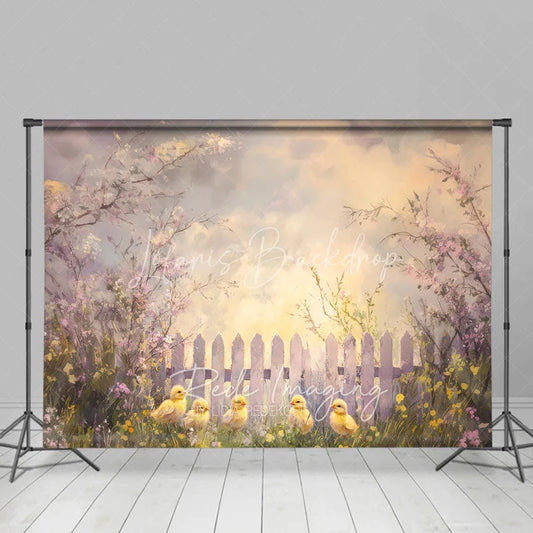Lofaris Spring Floral White Fence Backdrop Cute Yellow Chicks Easter Photography Background for Baby Shower Party