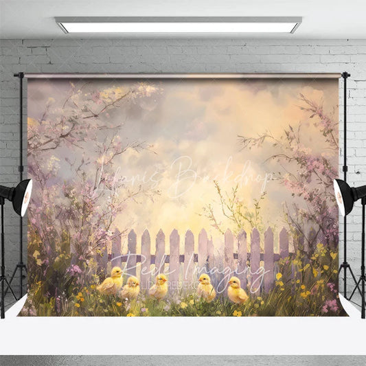 Lofaris Spring Floral White Fence Backdrop Cute Yellow Chicks Easter Photography Background for Baby Shower Party