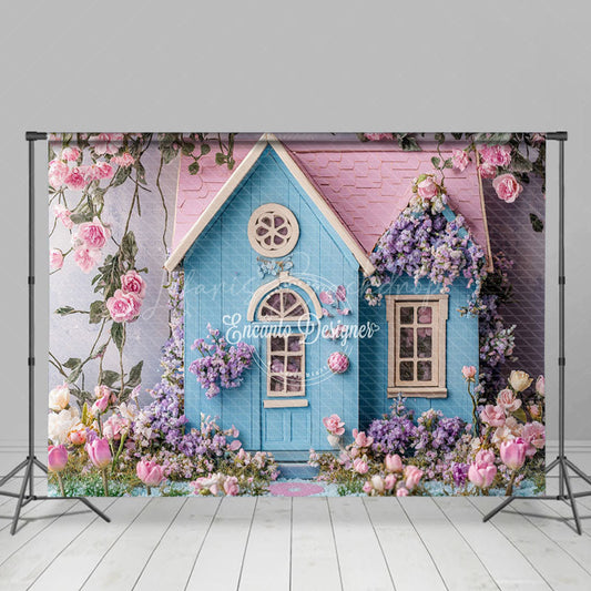Lofaris Spring Floral Wooden Blue Pink House Photo Backdrop