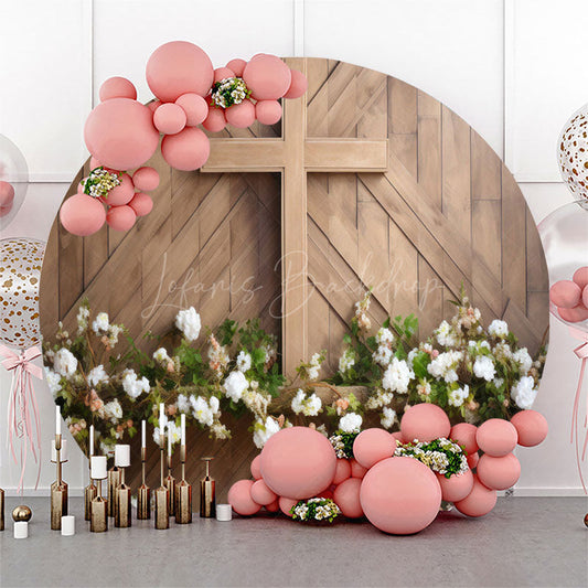 Lofaris Spring Floral Wooden Cross Door Round Easter Backdrop