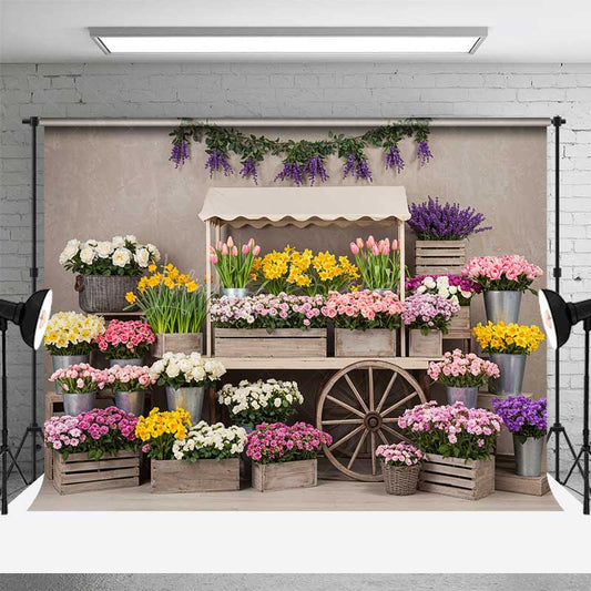 Lofaris Spring Flower Market Cart Photography Backdrop Colorful Tulips and Roses Rustic Garden Party Photo Prop Decor