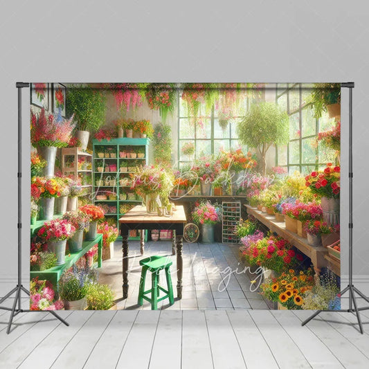 Lofaris Spring Flower Shop Interior Backdrop Colorful Floral Pots and Green Cabinets Photography Background for Portrait