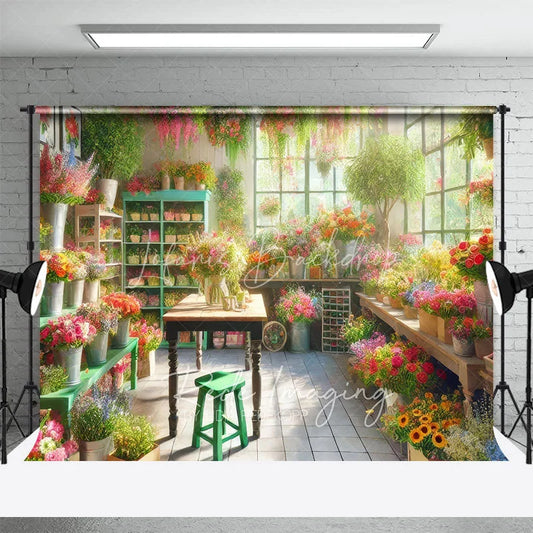 Lofaris Spring Flower Shop Interior Backdrop Colorful Floral Pots and Green Cabinets Photography Background for Portrait