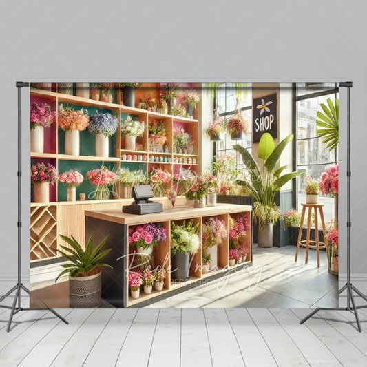 Lofaris Spring Flower Shop Interior Backdrop Wood Counter and Colorful Bouquets Photography Background for Small Business