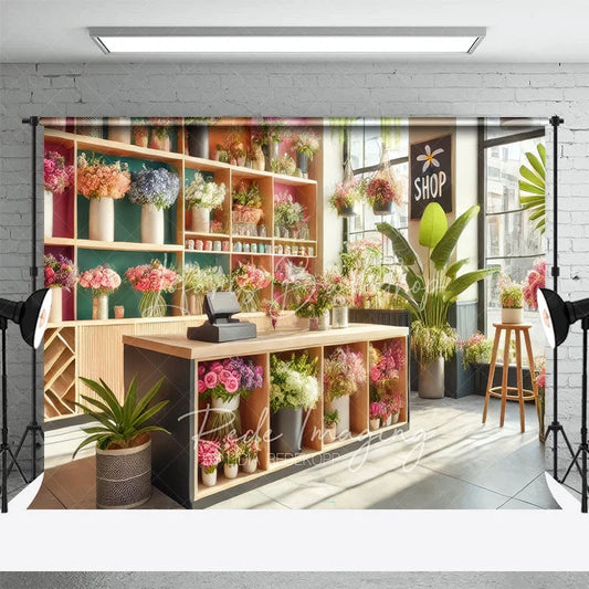 Lofaris Spring Flower Shop Interior Backdrop Wood Counter and Colorful Bouquets Photography Background for Small Business