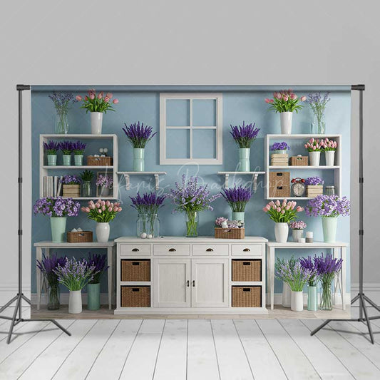 Lofaris Spring Flower Shop Wall Backdrop White Shelves with Tulips and Lavender Modern Floral Studio Photography Prop