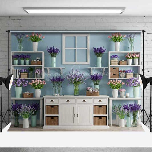 Lofaris Spring Flower Shop Wall Backdrop White Shelves with Tulips and Lavender Modern Floral Studio Photography Prop