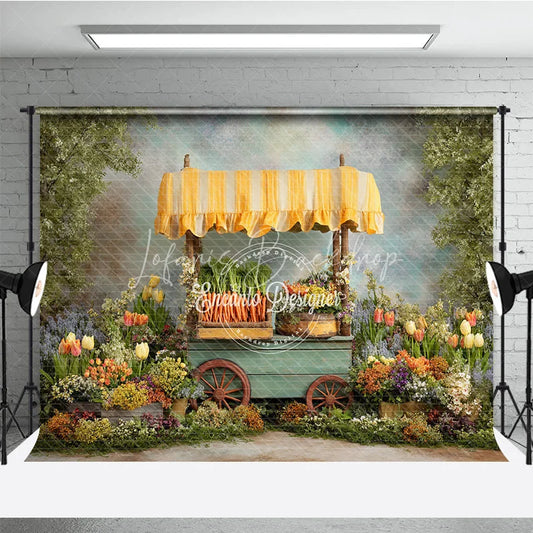 Lofaris Spring Garden Carrot Cart Easter Photography Backdrop Yellow Awning and Colorful Flowers Studio Background