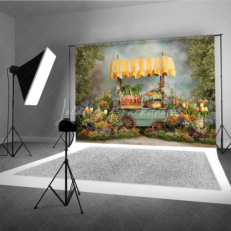 Lofaris Spring Garden Carrot Cart Easter Photography Backdrop Yellow Awning and Colorful Flowers Studio Background