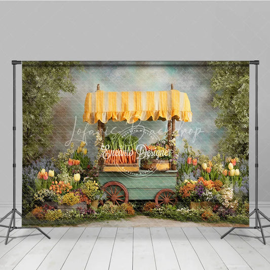 Lofaris Spring Garden Carrot Cart Easter Photography Backdrop Yellow Awning and Colorful Flowers Studio Background