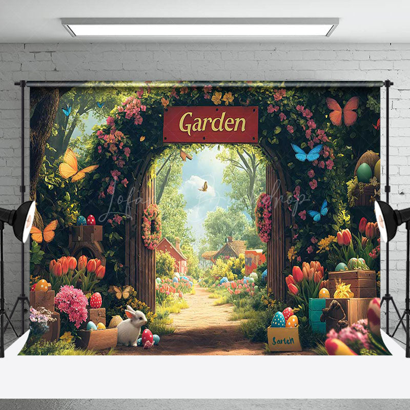 Lofaris Spring Garden Eggs Bunny Floral Gate Easter Backdrop