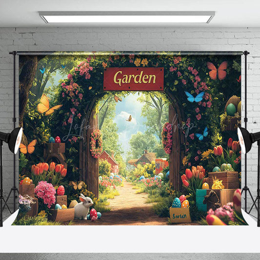 Lofaris Spring Garden Eggs Bunny Floral Gate Easter Backdrop