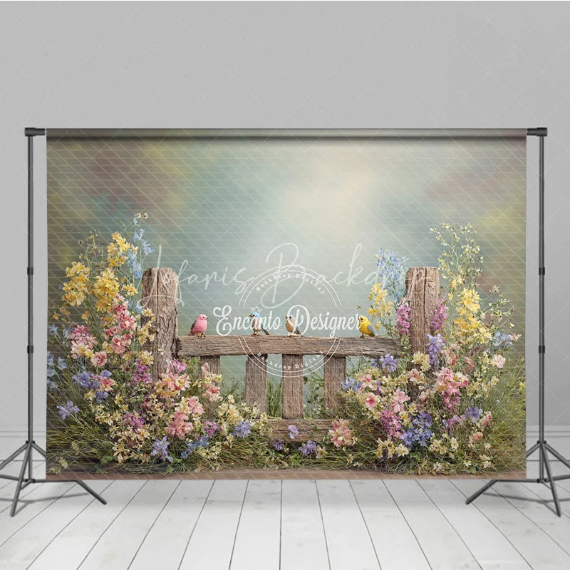 Lofaris Spring Garden Fence Backdrop Wildflower with Birds Photo Prop Rustic Wooden for Party Background