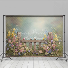 Lofaris Spring Garden Fence Backdrop Wildflower with Birds Photo Prop Rustic Wooden for Party Background