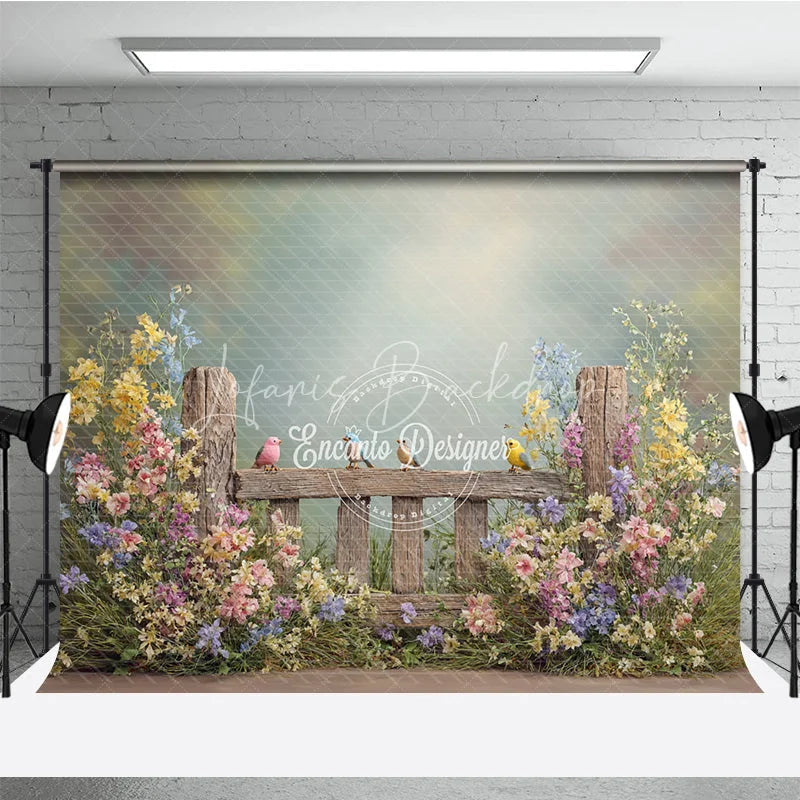 Lofaris Spring Garden Fence Backdrop Wildflower with Birds Photo Prop Rustic Wooden for Party Background