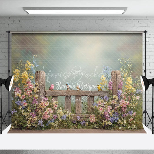 Lofaris Spring Garden Fence Backdrop Wildflower with Birds Photo Prop Rustic Wooden for Party Background