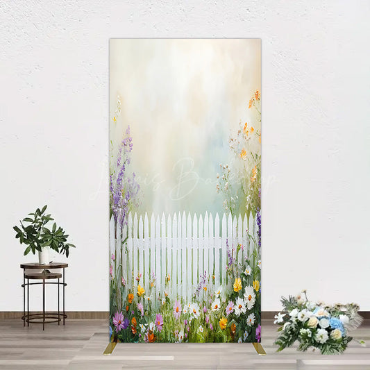 Lofaris Spring Garden Fence Wild Floral Easter Rectangle Bacdrop