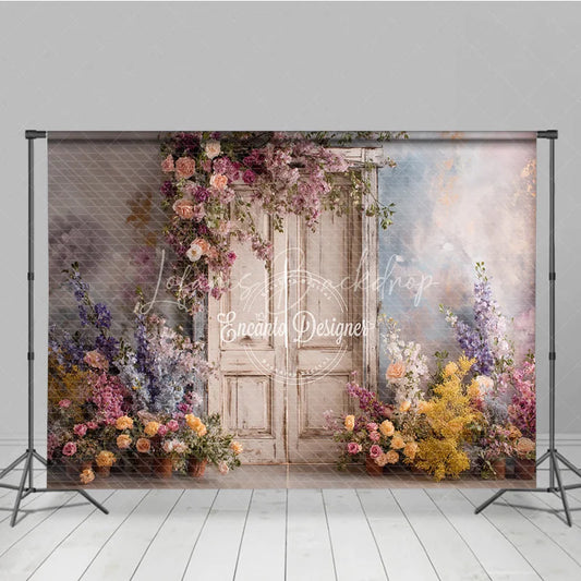 Lofaris Spring Garden Floral Backdrop Vintage White Door Photo Background Pink Rose Potted Flowers for Wedding Bridal Shower Decor
