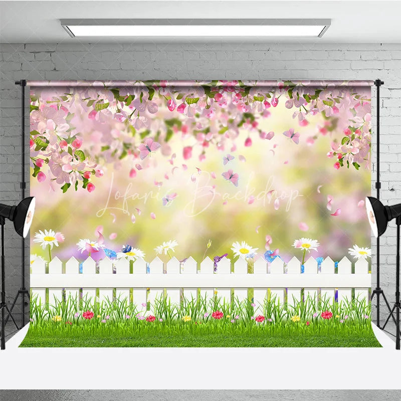 Lofaris Spring Garden Photography Backdrop Pink Blossom White Fence Background Butterfly Grass Photo Prop