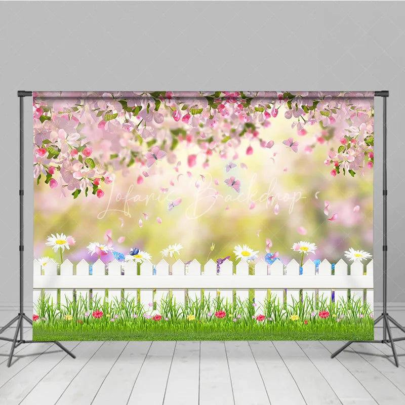 Lofaris Spring Garden Photography Backdrop Pink Blossom White Fence Background Butterfly Grass Photo Prop