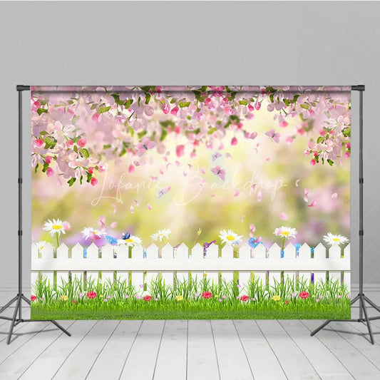 Lofaris Spring Garden Photography Backdrop Pink Blossom White Fence Background Butterfly Grass Photo Prop