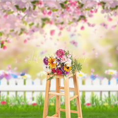 Lofaris Spring Garden Photography Backdrop Pink Blossom White Fence Background Butterfly Grass Photo Prop