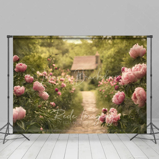 Lofaris Spring Garden Pink Peony Path Backdrop Romantic Floral Cottage Photography Background for Wedding