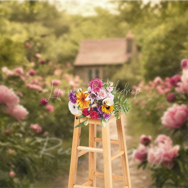 Lofaris Spring Garden Pink Peony Path Backdrop Romantic Floral Cottage Photography Background for Wedding