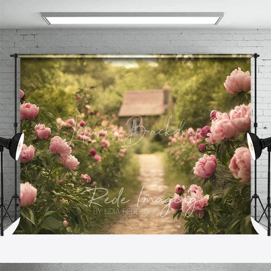 Lofaris Spring Garden Pink Peony Path Backdrop Romantic Floral Cottage Photography Background for Wedding