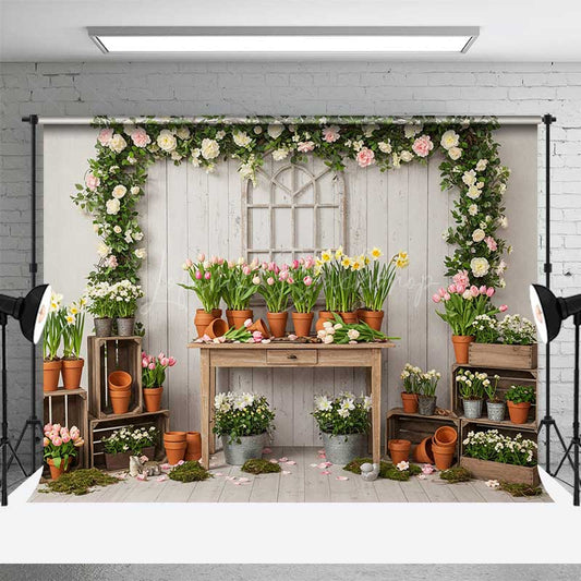 Lofaris Spring Garden Potting Bench Photography Backdrop Rustic Table with Tulips Daffodils and Flowers Market Photo Prop