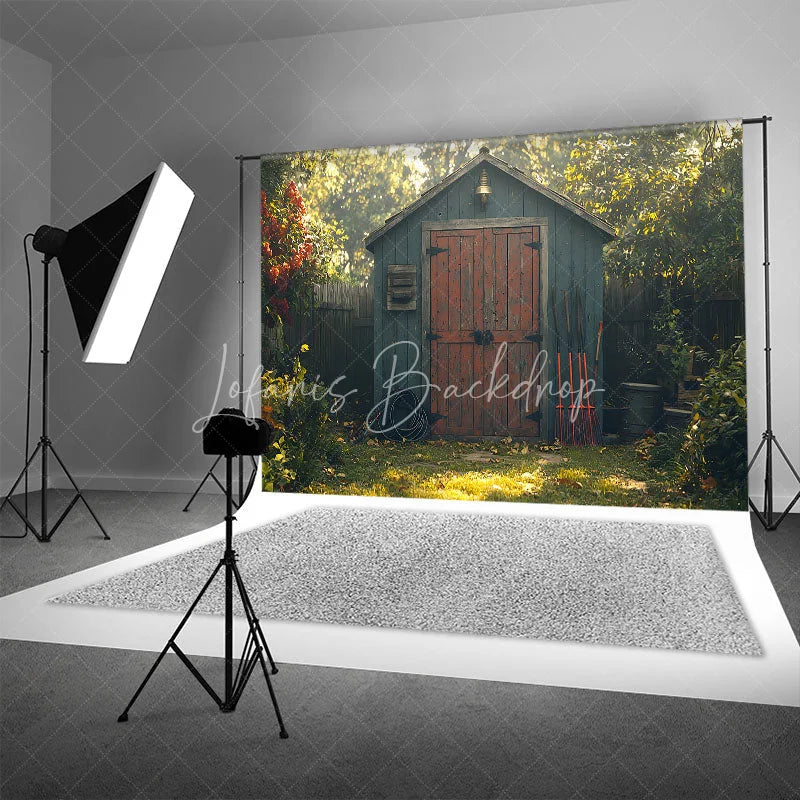 Lofaris Spring Garden Shed Backdrop Blue Wood House with Red Door Gardening Tools Yard Photography Background