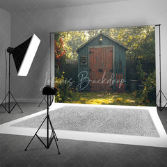 Lofaris Spring Garden Shed Backdrop Blue Wood House with Red Door Gardening Tools Yard Photography Background