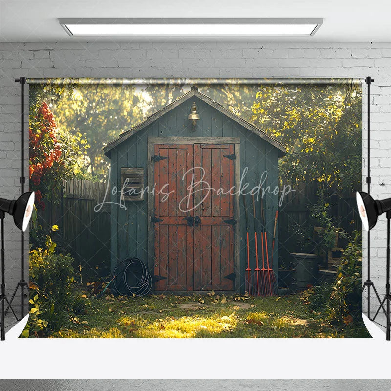 Lofaris Spring Garden Shed Backdrop Blue Wood House with Red Door Gardening Tools Yard Photography Background