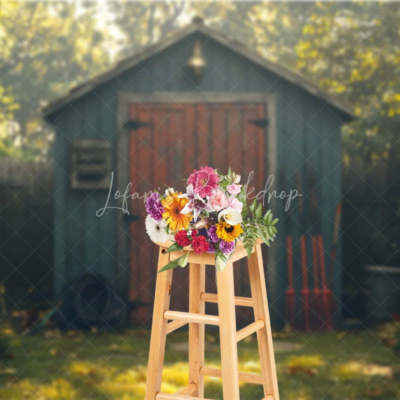 Lofaris Spring Garden Shed Backdrop Blue Wood House with Red Door Gardening Tools Yard Photography Background