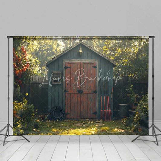 Lofaris Spring Garden Shed Backdrop Blue Wood House with Red Door Gardening Tools Yard Photography Background