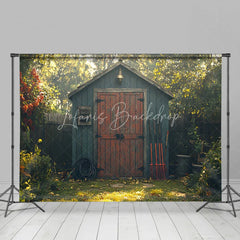 Lofaris Spring Garden Shed Backdrop Blue Wood House with Red Door Gardening Tools Yard Photography Background